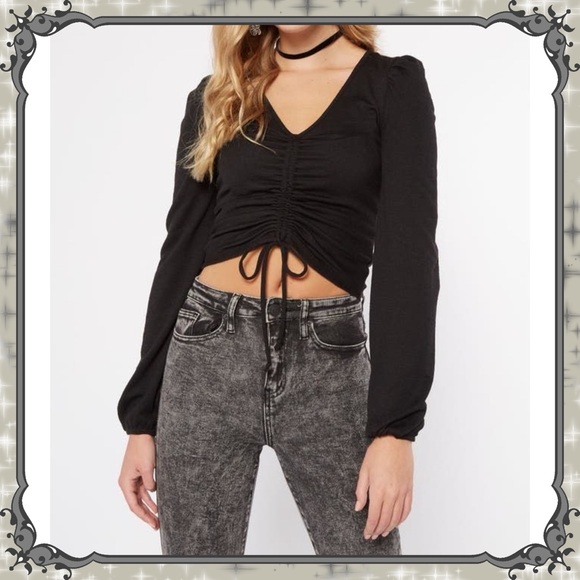 Ruched Cropped Blouse Top Tie String Front Long Billowy Sleeve Cinched Shirt Tee - Picture 3 of 3